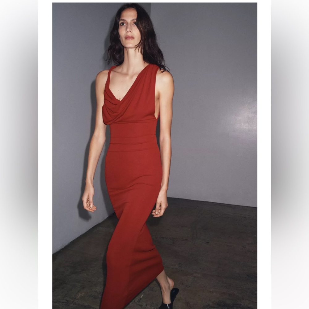 Elegant Red Draped Evening Dress